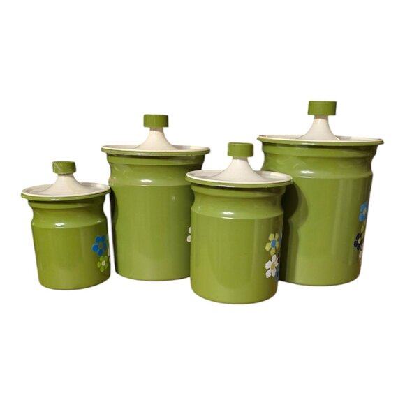 Vtg Kromex Floral Metal Canister Set w/ Lids Retro Storage 4 Pc Nesting USA - Picture 2 of 13